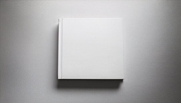 minimalist top down photograph of a closed blank square book on textured white paper