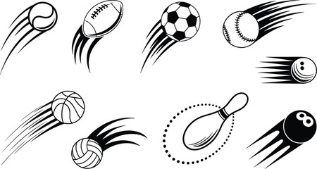 Assorted Sports Balls in Motion with Motion Streaks Against White Background © Ismail