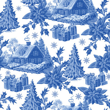 Vintage christmas toile baroque seamless winter cottage ribbon ornament pattern design