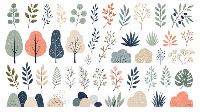 Botanical elements on white background plants leaves trees flowers foliage