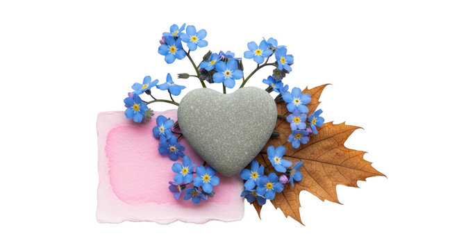 Romantic floral arrangement with blue flowers, stone heart and autumn leaf isolated on transparent background for greeting card and decorative design.