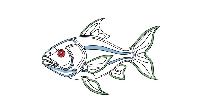 An intricate continuous line art illustration of a fish with a striking red eye and soft blue and green accents on its fins rendered on a white surface.