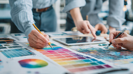 Obraz premium Creative Graphic Design Team Working with Color Charts and Digital Devices in Office