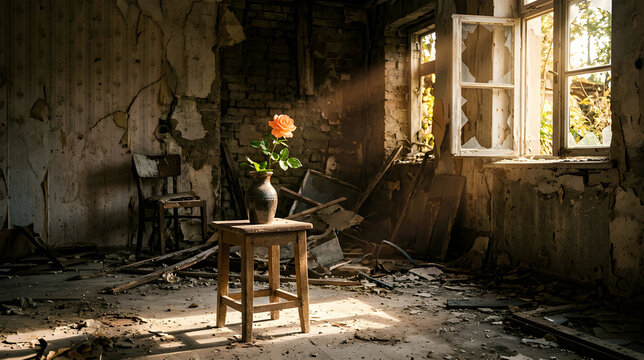 Hope and Survival Concept with Orange Rose in Vase on Wooden Stool Inside Severely Damaged and Ruined Building Interior
