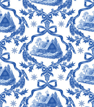 Vintage christmas toile baroque seamless winter cottage ribbon ornament pattern design