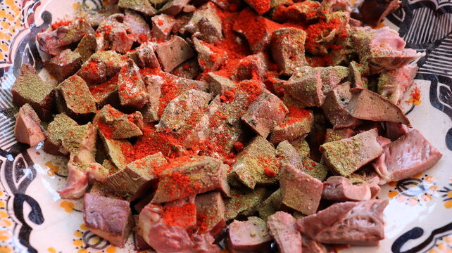 Seasoned lamb liver cubes with paprika cumin Moroccan boulfaf