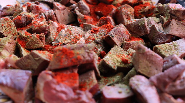 Seasoned lamb liver cubes with paprika cumin Moroccan boulfaf