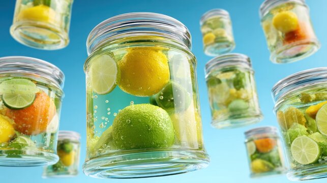 Multiple glass jars filled with citrus fruits float against a bright blue background