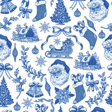 Vintage christmas toile graphic seamless pattern with santa sleigh ornaments cottages
