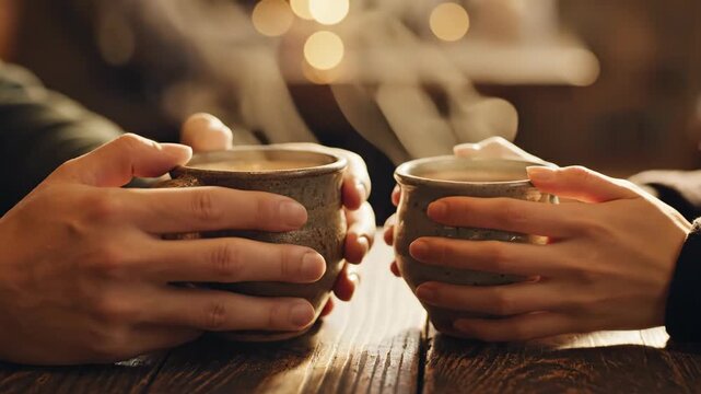 Two hands hold ceramic mugs filled with a hot beverage. Steam rises, soft lighting creates cozy atmosphere