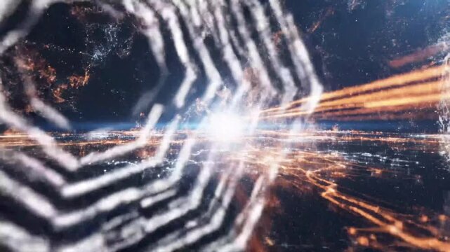 Abstract digital data network cityscape with glowing hexagonal structure