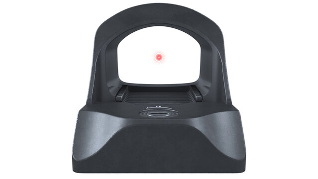Tactical military red dot sight collimator scope with glowing holographic reticle on transparent background.