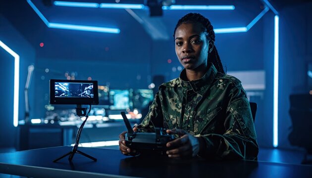 Focused military drone operator with dual joysticks and screen in a high-tech command center