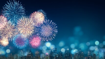 Fototapeta premium Fireworks celebration over city skyline night spectacular display urban environment aerial view festive atmosphere