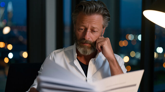 Chief marketing officer reviewing stacked brand audit documents in a solitary moment inside a glass-walled corner office at dusk, skyline visible behind and reading glasses perched forward .ultra ph