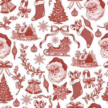 Vintage christmas toile graphic seamless pattern with santa sleigh ornaments cottages
