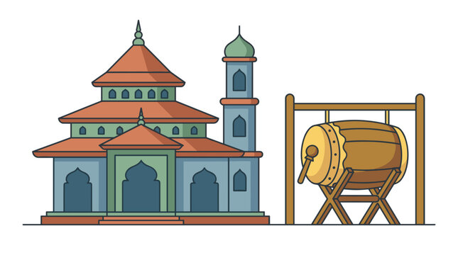 Mosque and Bedug Drum Illustration.