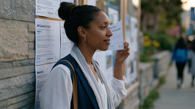 Grassroots nonprofit marketing coordinator posting community event flyers across a neighborhood bulletin board outside a local library, pausing to straighten a printed market day announcement as ped