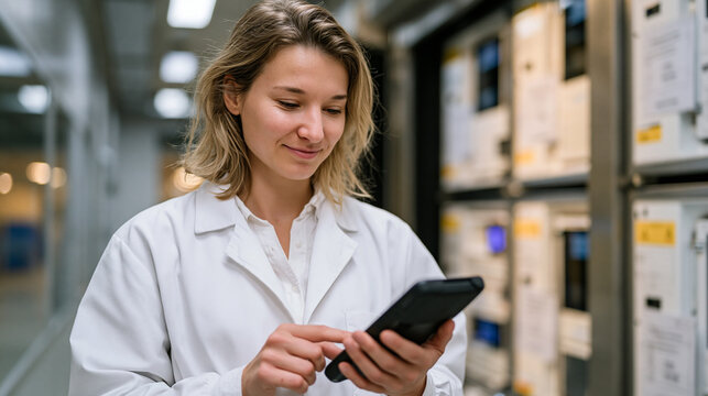 Hospital pharmacy technician receiving a cold chain delivery of temperature-sensitive biologics, verifying sensor data on a handheld reader, the receiving dock's antiseptic corridor framing rows of 