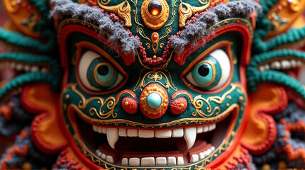 Fototapeta premium Vibrant Balinese mask with intricate gold details and fierce expression