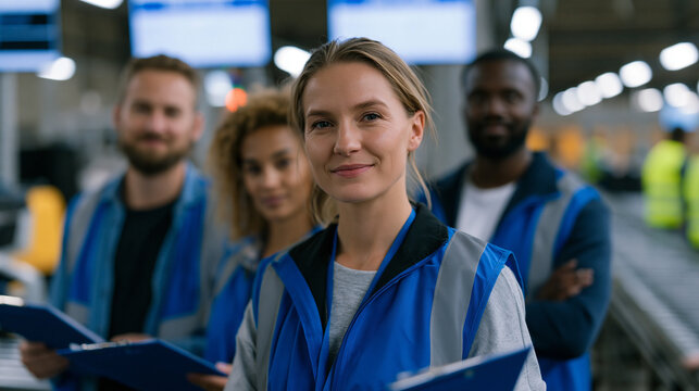 Multicultural warehouse leadership team doing a gemba walk through a packaging line, each manager observing a different workstation, clipboards recording throughput observations, production metrics 