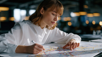 Fototapeta premium Supply chain risk analyst marking disruption zones on a printed freight network map spread across a planning table, empty industrial office at midday, window light casting grid-shadow across freight