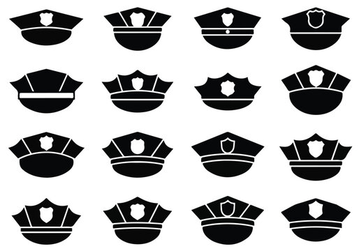 Collection of various police officer hat silhouettes in different styles and designs