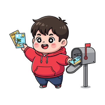 Happy boy holding postcards and checking mailbox joyfully.