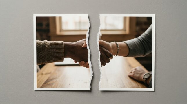 Torn Photograph Depicting Broken Agreement or Relationship.