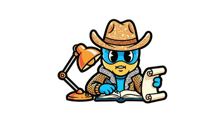 Obraz premium Cartoon Duck Cowboy Studying Under Desk Lamp Light.