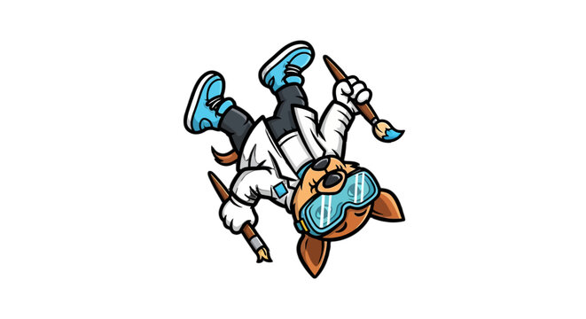Whimsical cartoon dog wearing skates and painting dynamically.