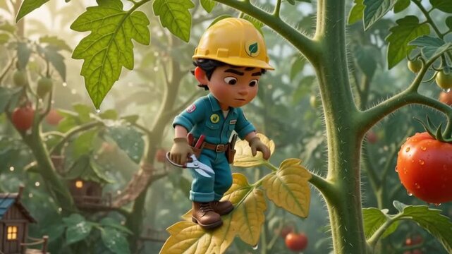 A young child joyfully tending to a lush tomato garden, using pruning shears while surrounded by vibrant red tomatoes and whimsical treehouses in the background.