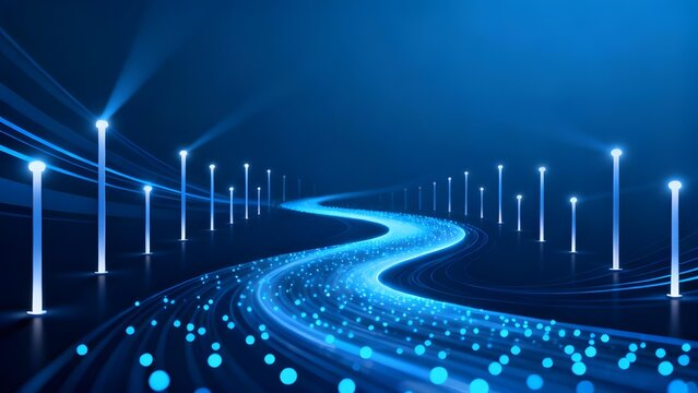 A futuristic blue pathway illuminated by glowing pillars and dotted with light particles, creating a sense of digital motion and advanced technology.