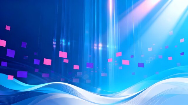 Abstract digital background with blue gradient, glowing light rays, and floating squares