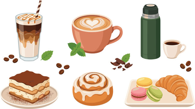 Coffee and sweet bakery dessert vector set with cappuccino latte art iced drink tiramisu cake cinnamon roll macarons croissant and flask thermos bottle
