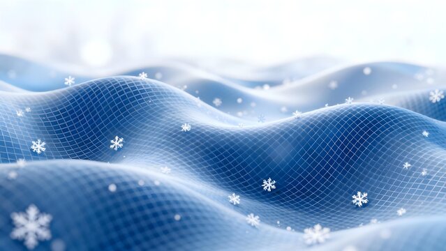 Abstract blue wavy surface with snowflakes and grid pattern