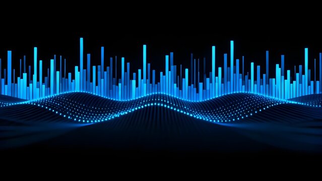 Digital waveform visualization with blue audio spectrum and particle wave on dark background
