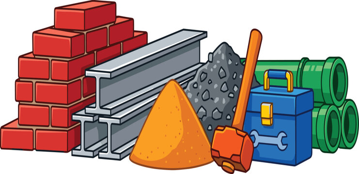 Industrial Construction Materials and Tools Vector Composition with Red Bricks, Steel Beams, Sand Mound, Gravel Heap, Sledgehammer, Toolbox, and Green Pipes