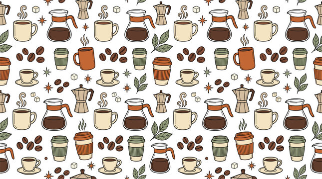 Coffee seamless pattern vector background with hand drawn espresso cups moka pots carafes takeaway mugs beans and leaves for cafe wrapping paper design