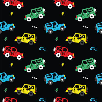Seamless Pattern with Cartoon Off-Road Vehicles