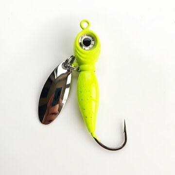 Bright Yellow Fishing Lure with Metal Spinner on White Background