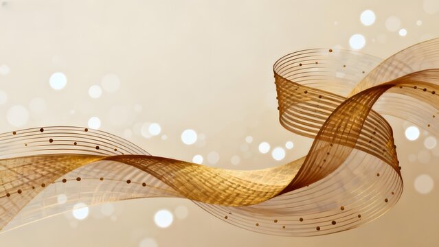 Abstract golden wave design with musical notes and bokeh background