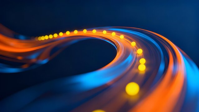 Abstract flowing light trails with glowing dots on a dark background