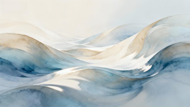 Abstract watercolor painting of flowing waves in soft blues and whites
