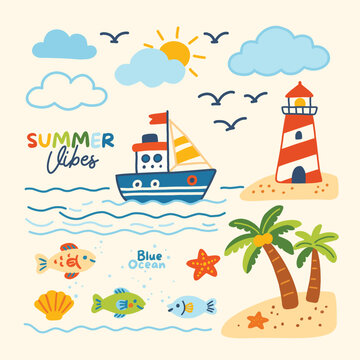 Summer Vibes Elements Collection with Lighthouse and Sailboat