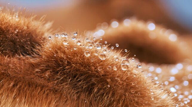 Dew drops glistening on soft brown fur texture