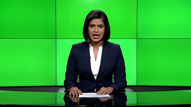 News anchor woman speaking in front of a green screen background.