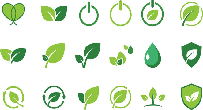 Green ecology and renewable energy icon set featuring flat vector symbols for environmental protection sustainability recycling power buttons and organic leaf branding