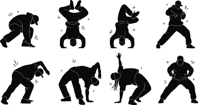 Hip hop breakdance silhouettes vector set with active bboy and bgirl characters performing headstands handstands freezes and energetic street dance choreography poses