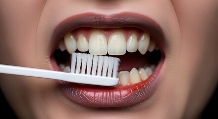 Fototapeta premium Close Up Mouth Brushing Teeth with White Toothbrush in Oral Hygiene Routine